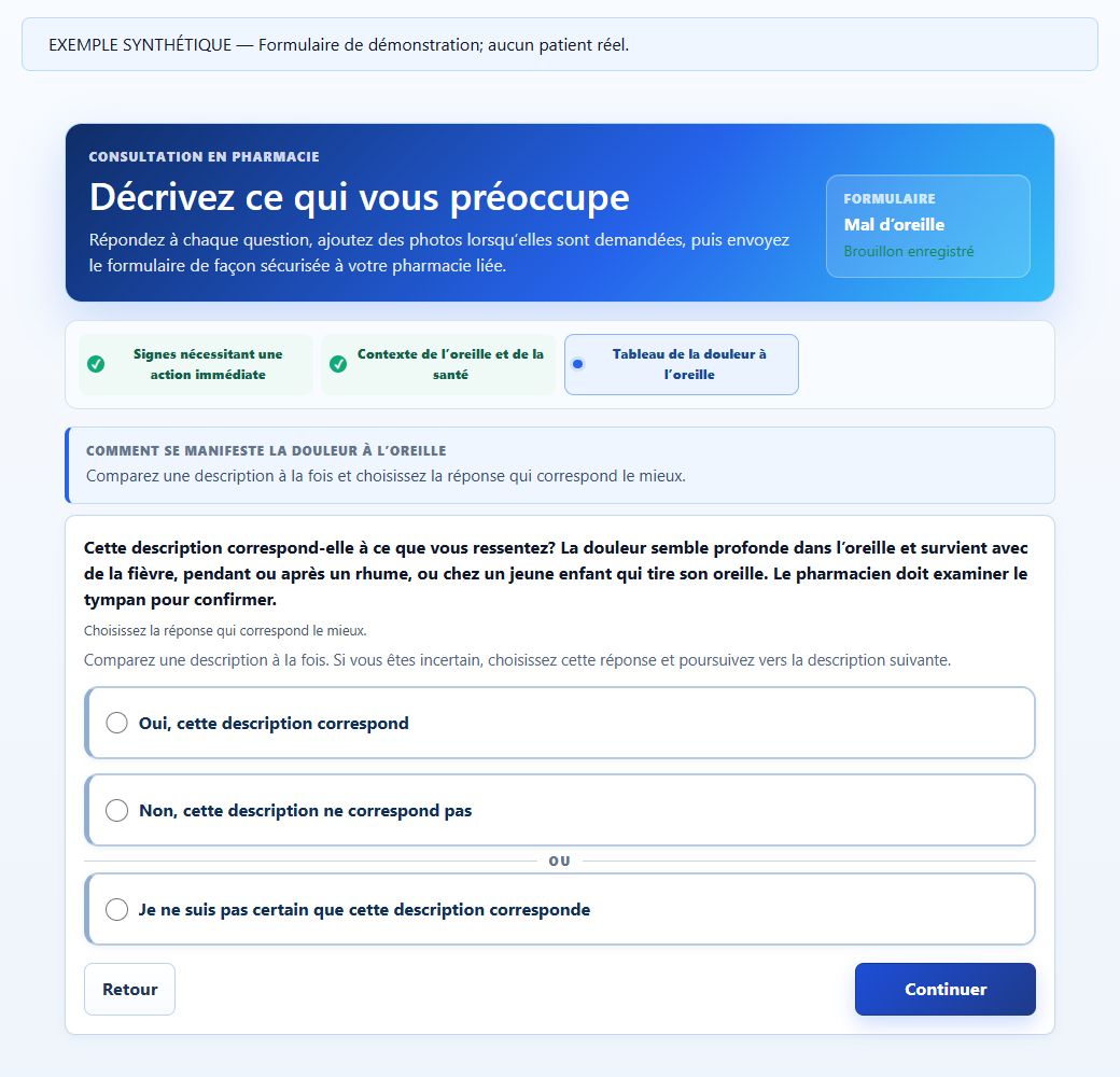 Extrait du questionnaire patient Réflexe dans un scénario de démonstration fictif.
