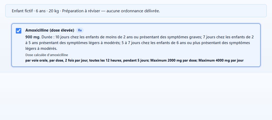 Proposition de dose Réflexe calculée pour un enfant fictif de 6 ans et 20 kg, à réviser par le pharmacien.