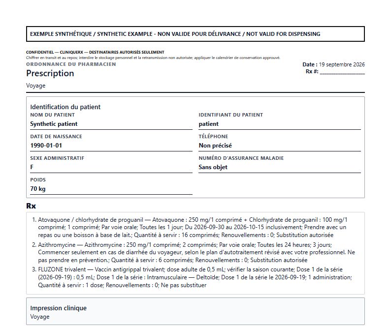 Extrait d’un document de prescription Voyage généré à partir de données entièrement fictives.